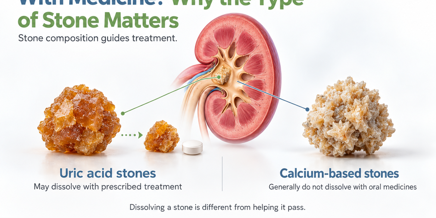Medical illustration showing kidney stones and medicines used to treat certain types of kidney stones.