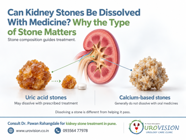 Medical illustration showing kidney stones and medicines used to treat certain types of kidney stones.