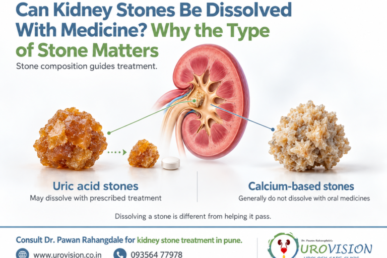 Medical illustration showing kidney stones and medicines used to treat certain types of kidney stones.
